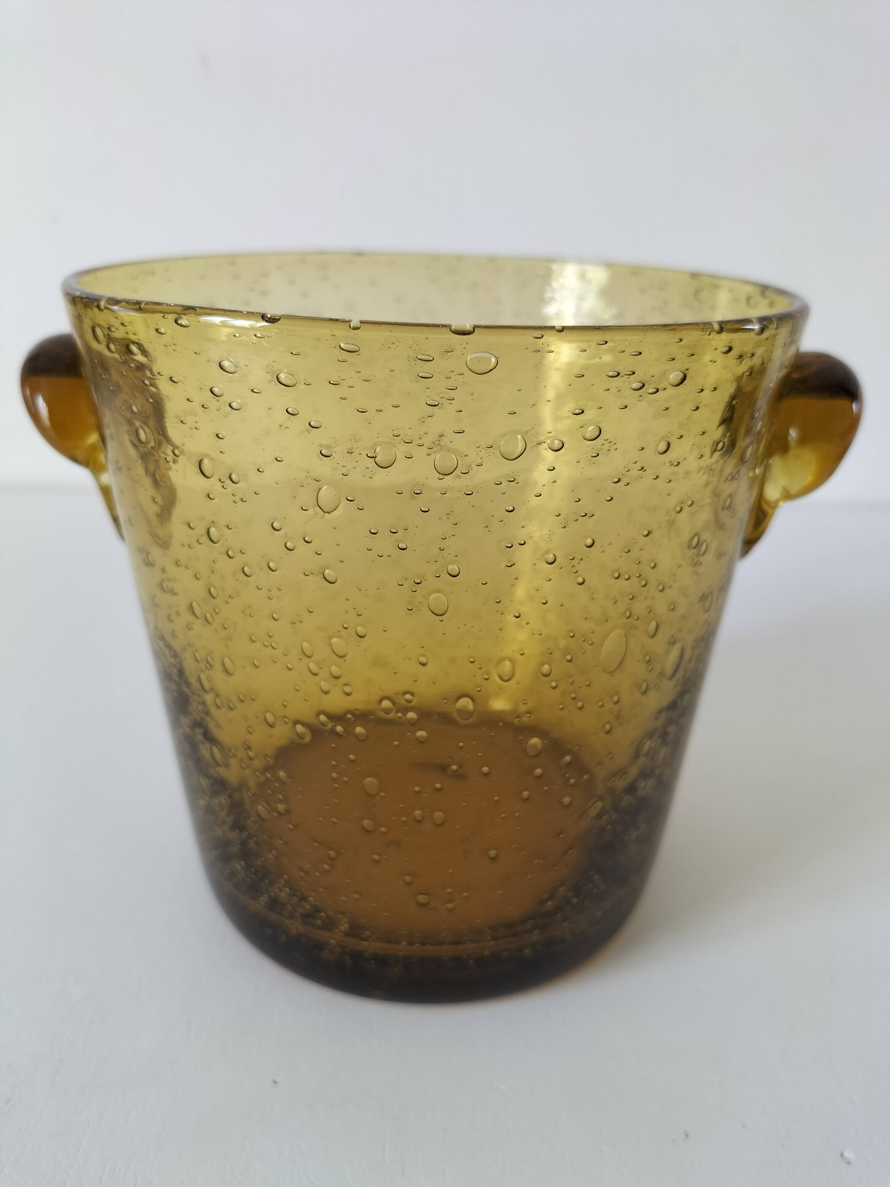 Vintage signed amber bubble blown glass ice bucket Biot