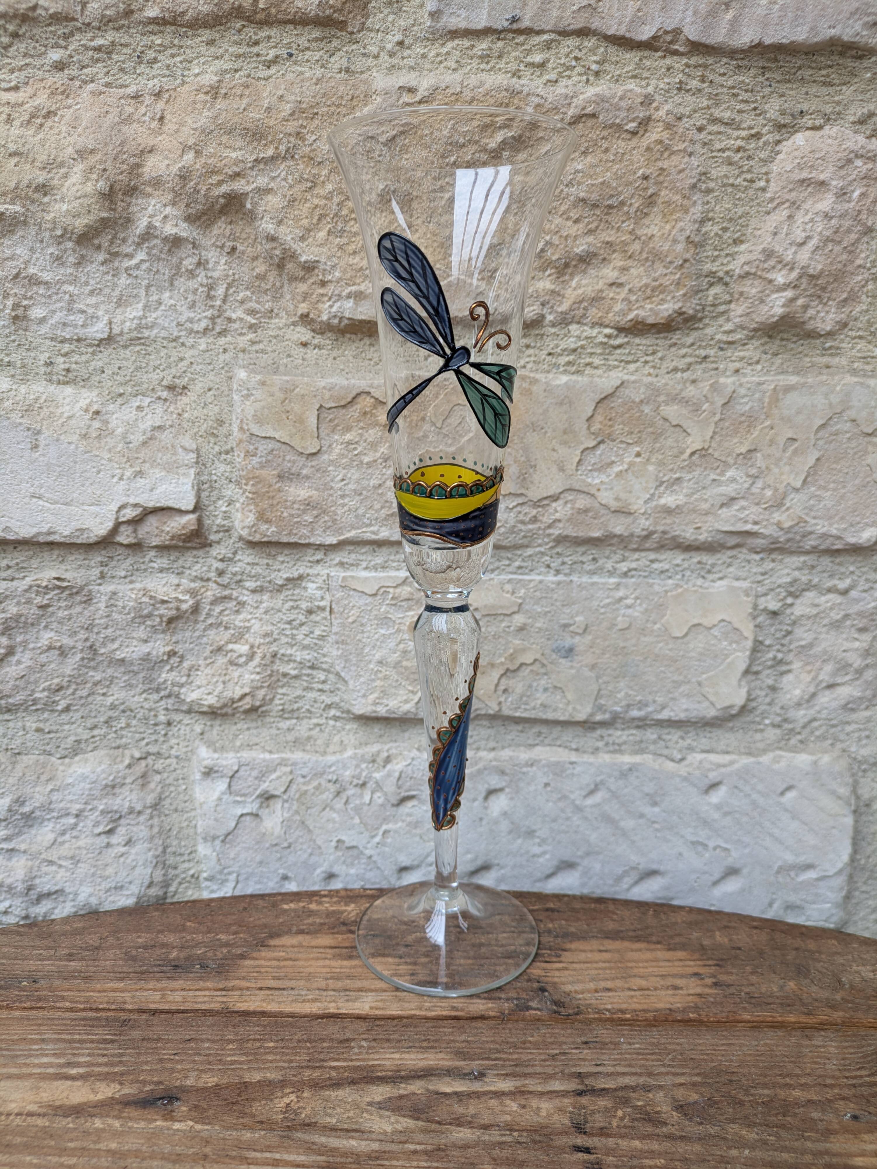 Champagne flute Paul Nagel collection Rêverie model Libellule hand-painted