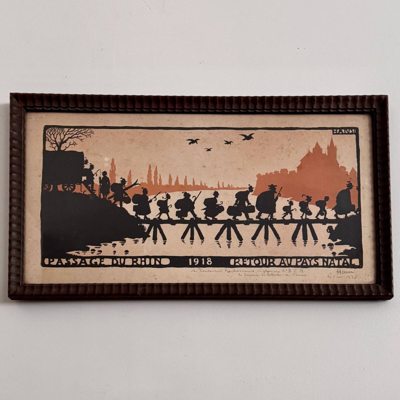 Color lithograph by Hansi Crossing the Rhine 1918