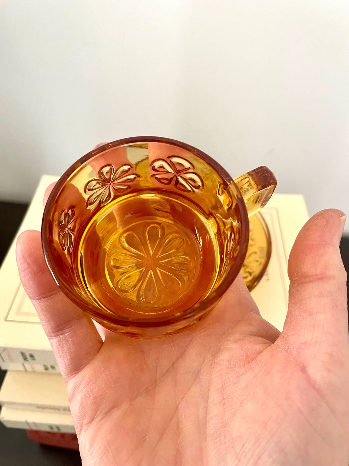 Set of two vintage cups and saucers 70s amber glass flowers