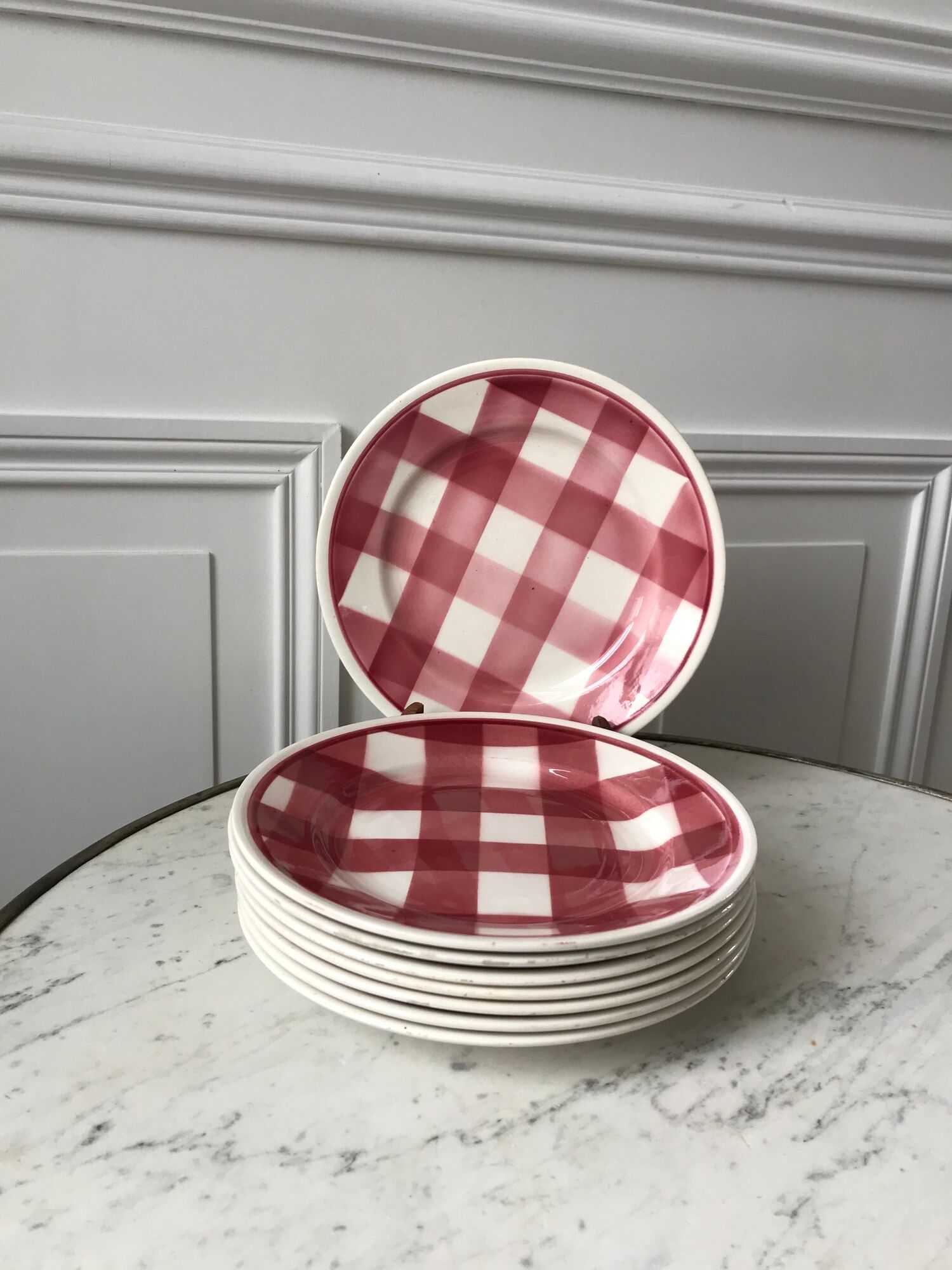 Set of 8 dessert plates fb badonviller pink gingham model 40s