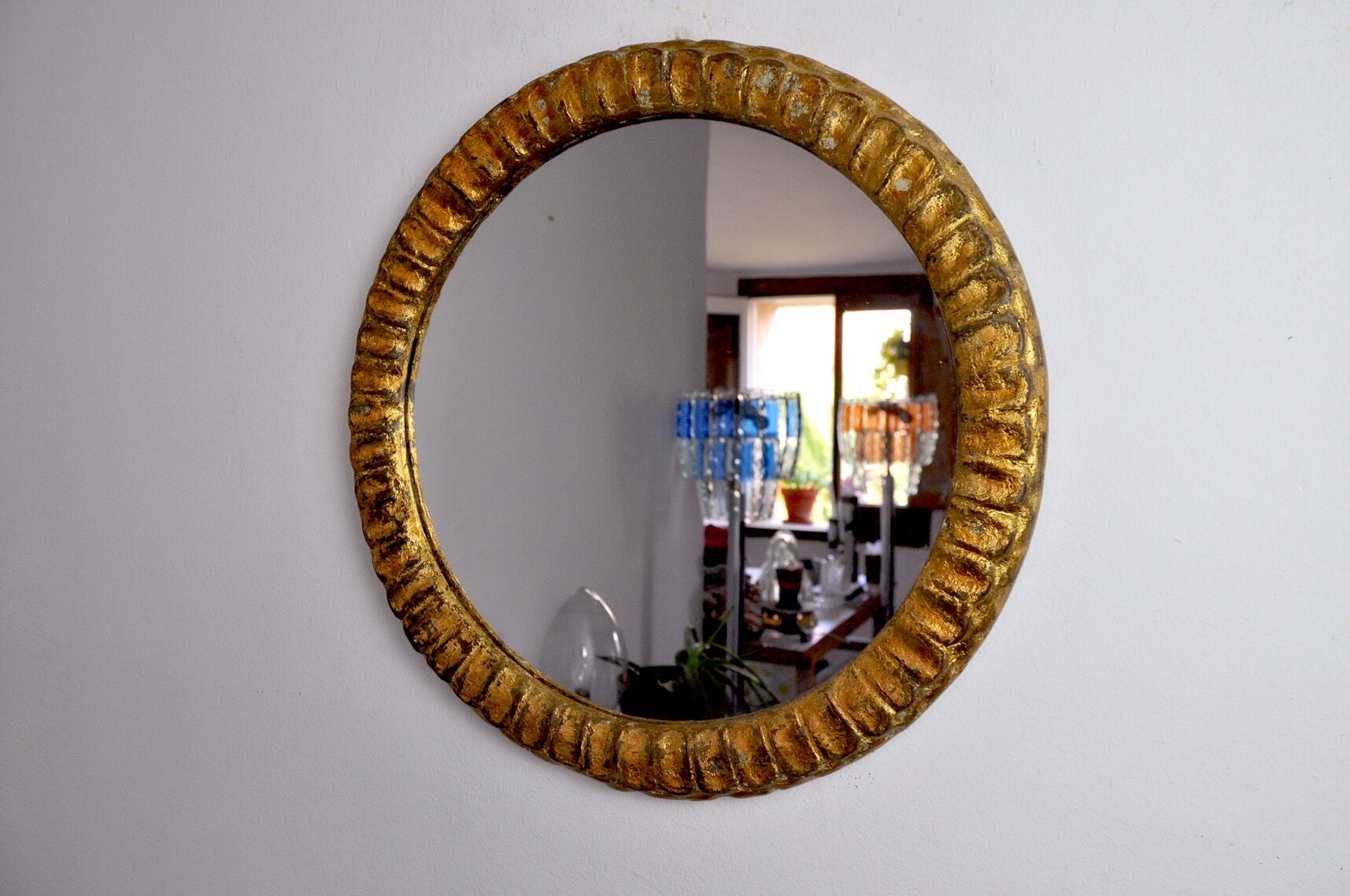 Midcentury gilded wooden sun mirror, France, 49cm