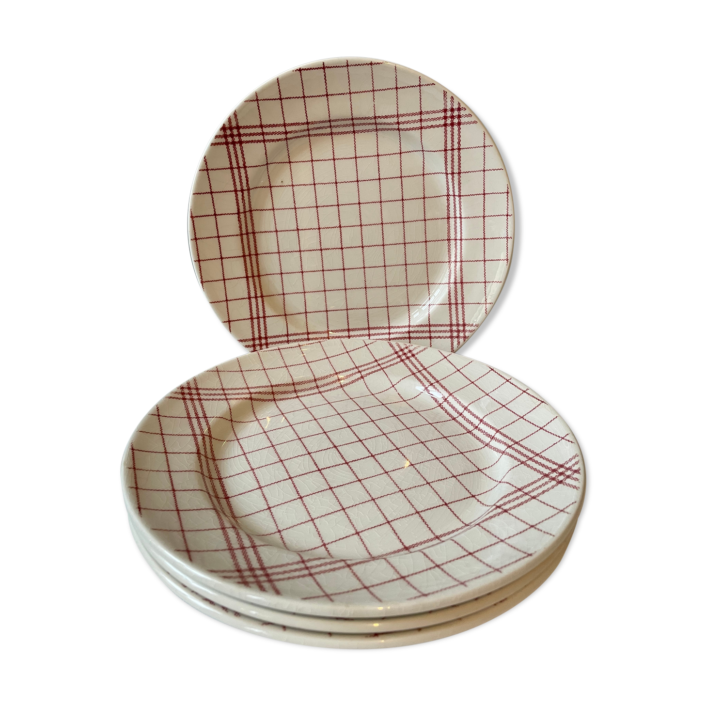 Set of 4 old flat plates in Gien earthenware, tea towel patterns