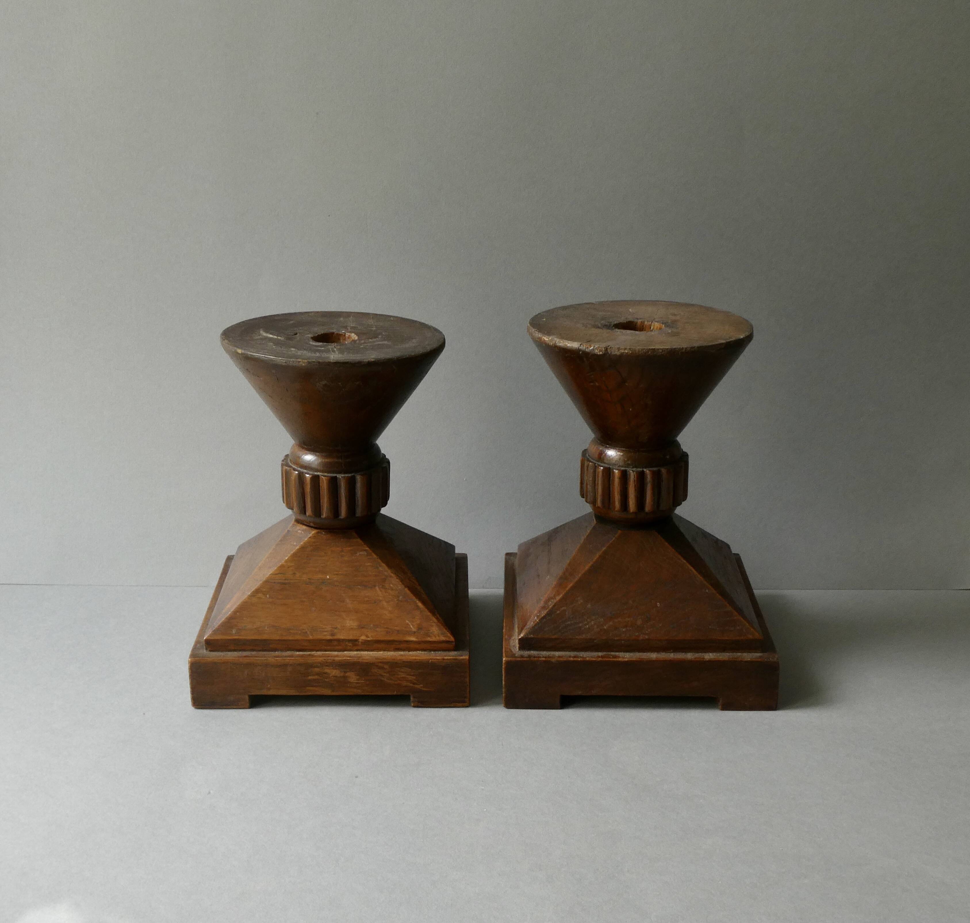 Pair of solid wood candlesticks, sculpted, brutalist