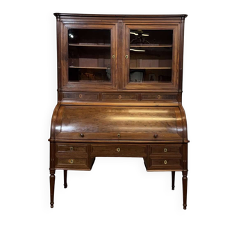 Bureau à cylindre bibliothèque époque Louis XVI en acajou et noyer