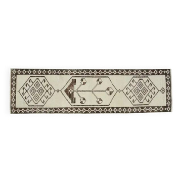 Tapis couloir vintage turc fait main en laine et coton beige des années 1970 89x320