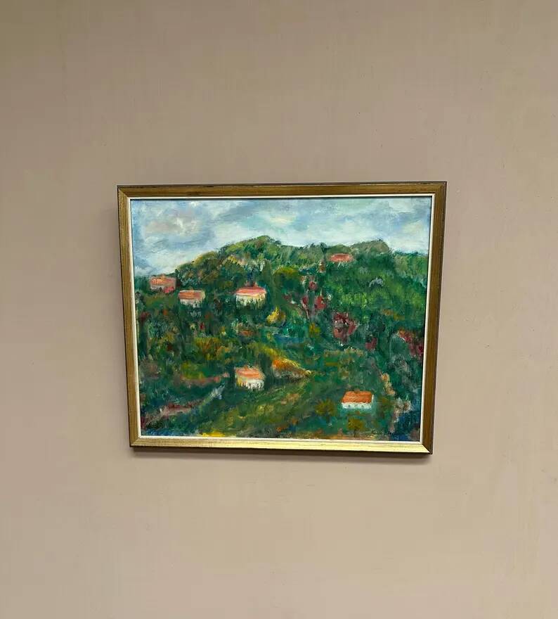Original Swedish Oil on Canvas – “Hilly Landscape with Houses” by Lalla Blecher – Signed – Vintage & Framed