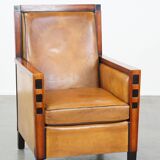 Sheep leather and wood armchair with an Art Deco design