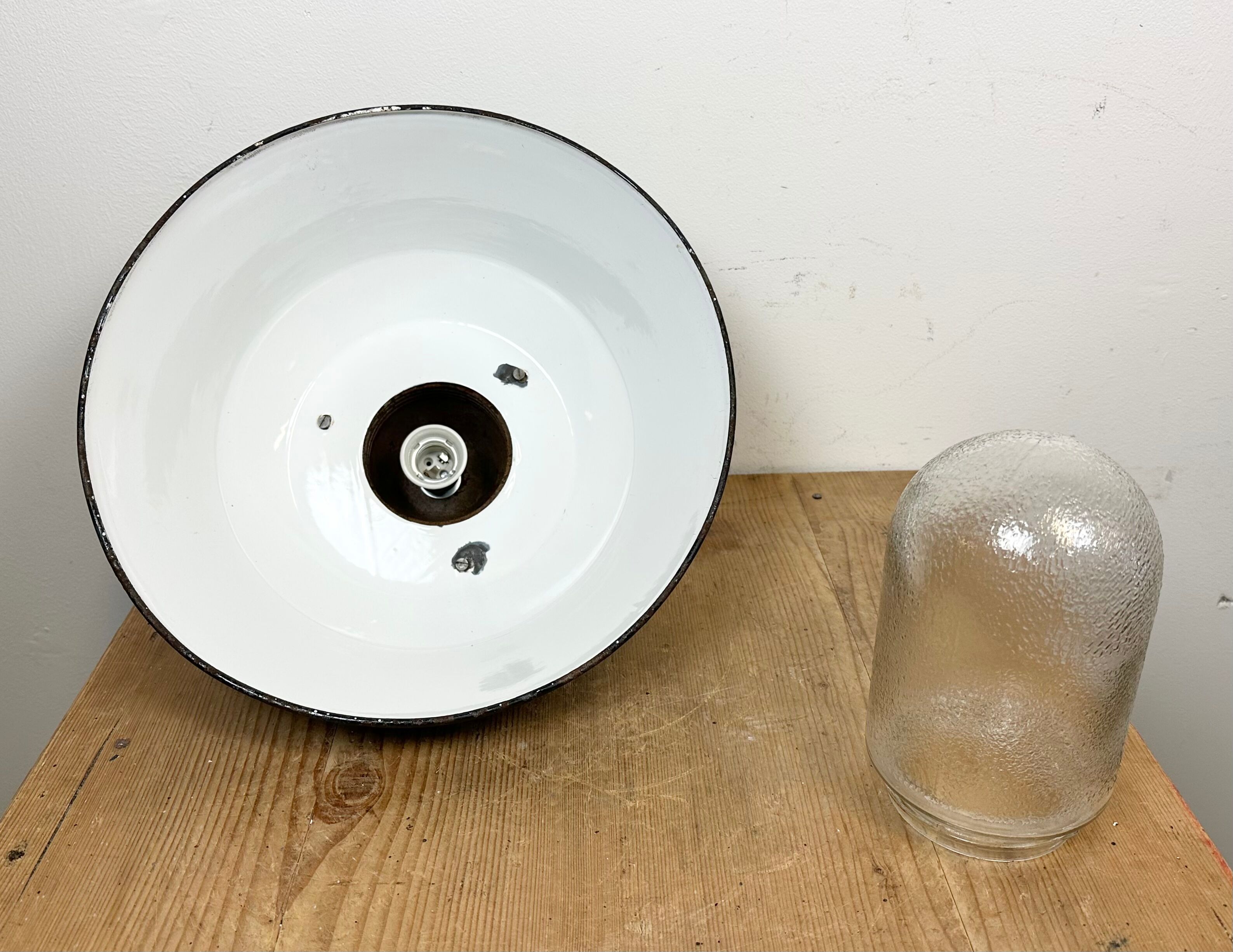 Industrial Grey Enamel and Cast Iron Pendant Light with Glass Cover, 1960s