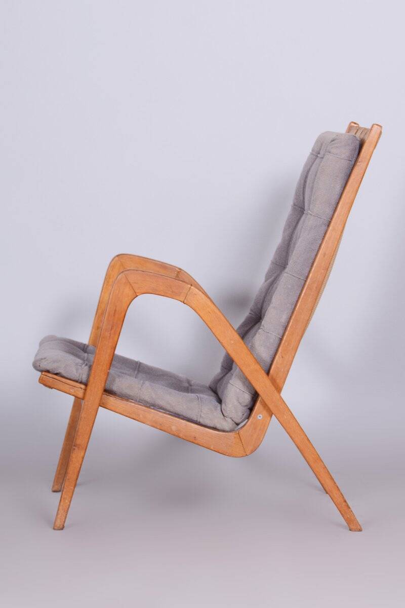 Mid-Century Czech Grey Armchair in Oak attributed to Jan Vanek, 1950s