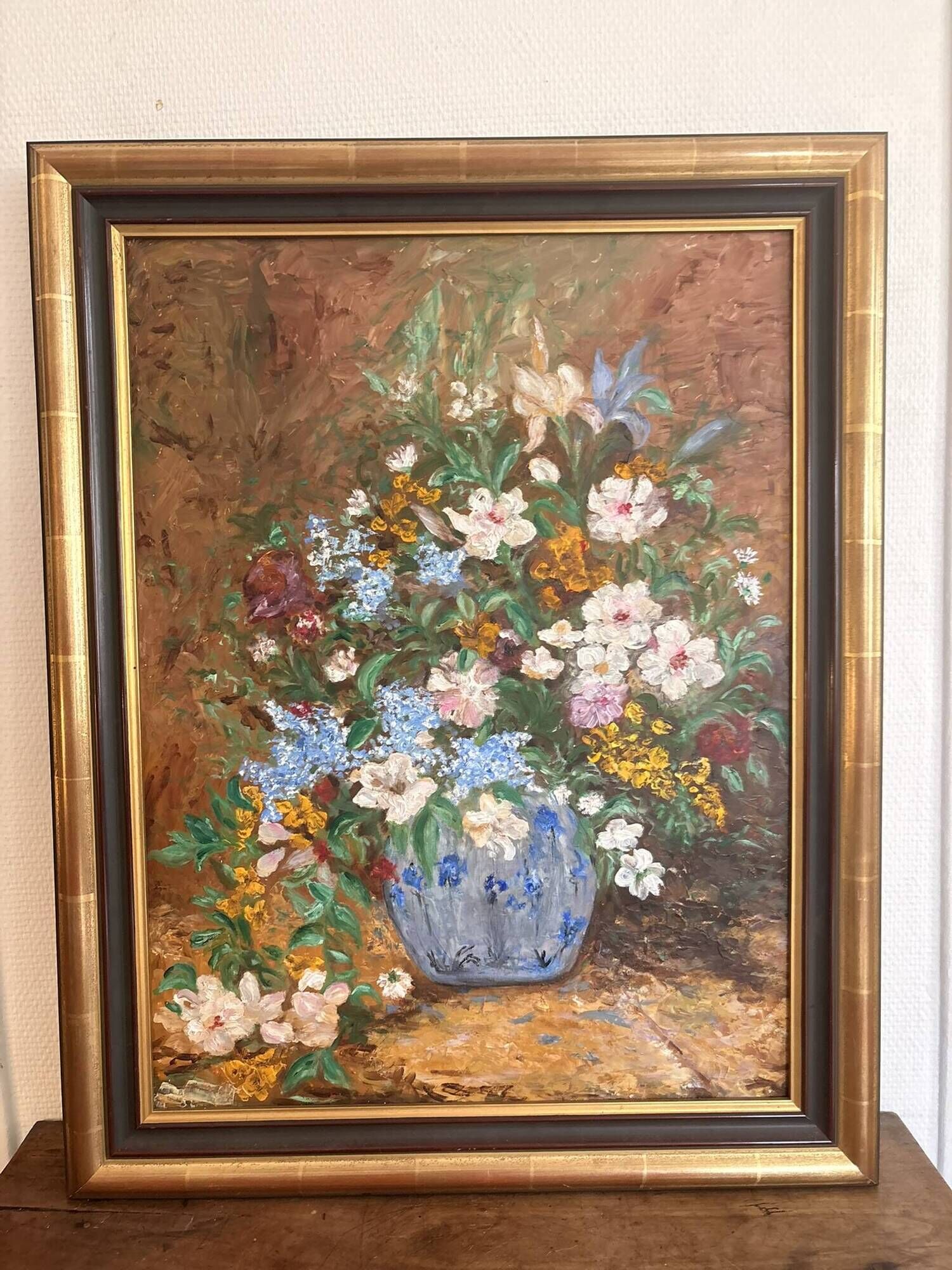Oil Panel Bouquet Flowers Vase Blue Signed Framed Still Life