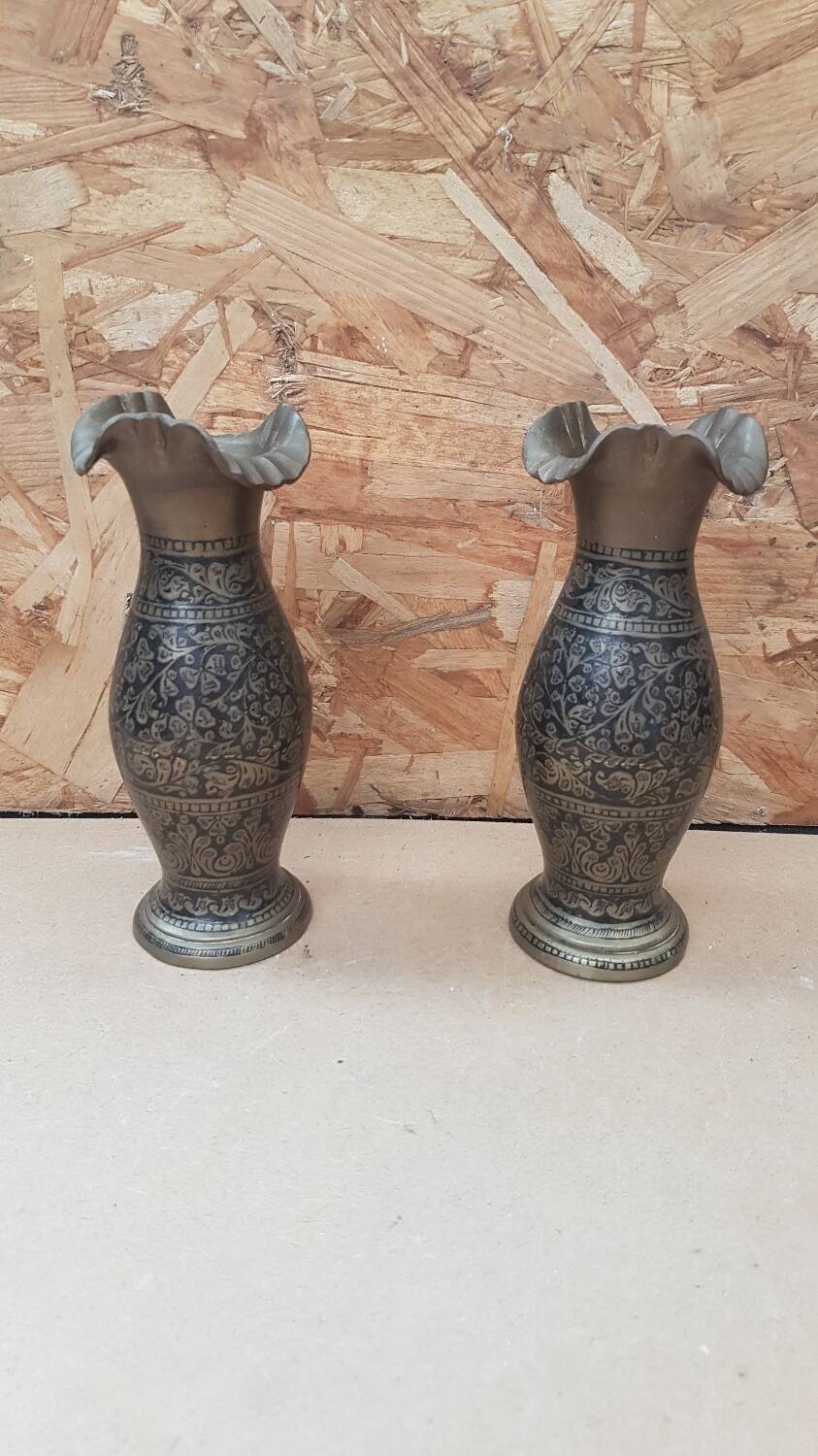 Pair of vintage painted black decor brass vase