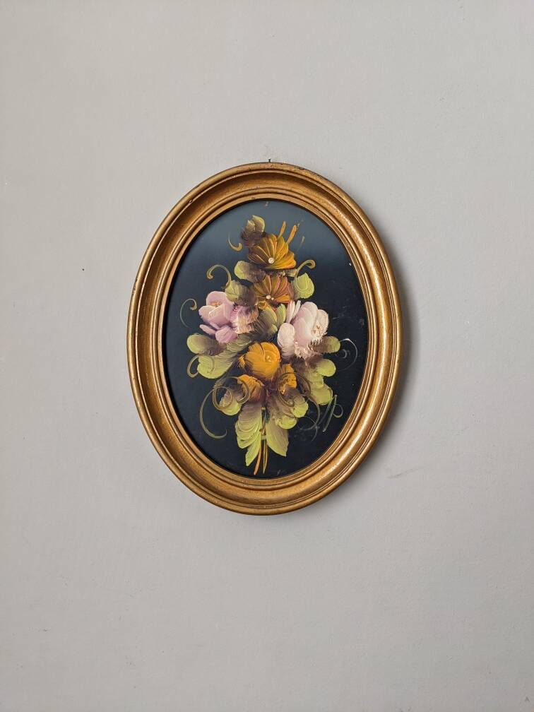 Tableau ancien cadre ovale nature morte fleurs campagne acrylique sur bois