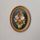 Tableau ancien cadre ovale nature morte fleurs campagne acrylique sur bois