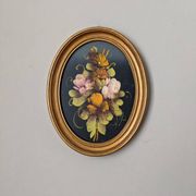 Antique painting oval frame still life countryside flowers acrylic on wood