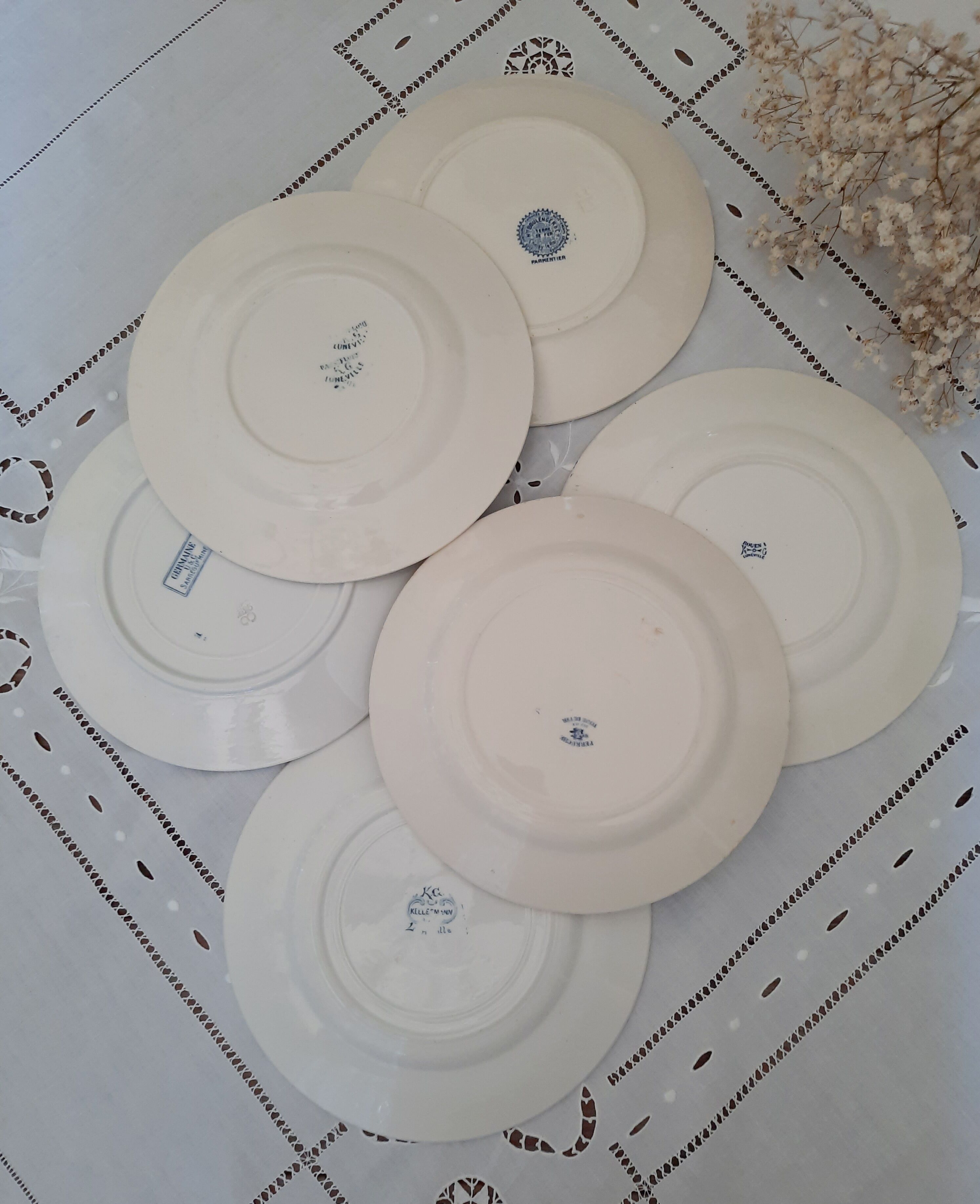 6 old flat plates mismatched iron earth