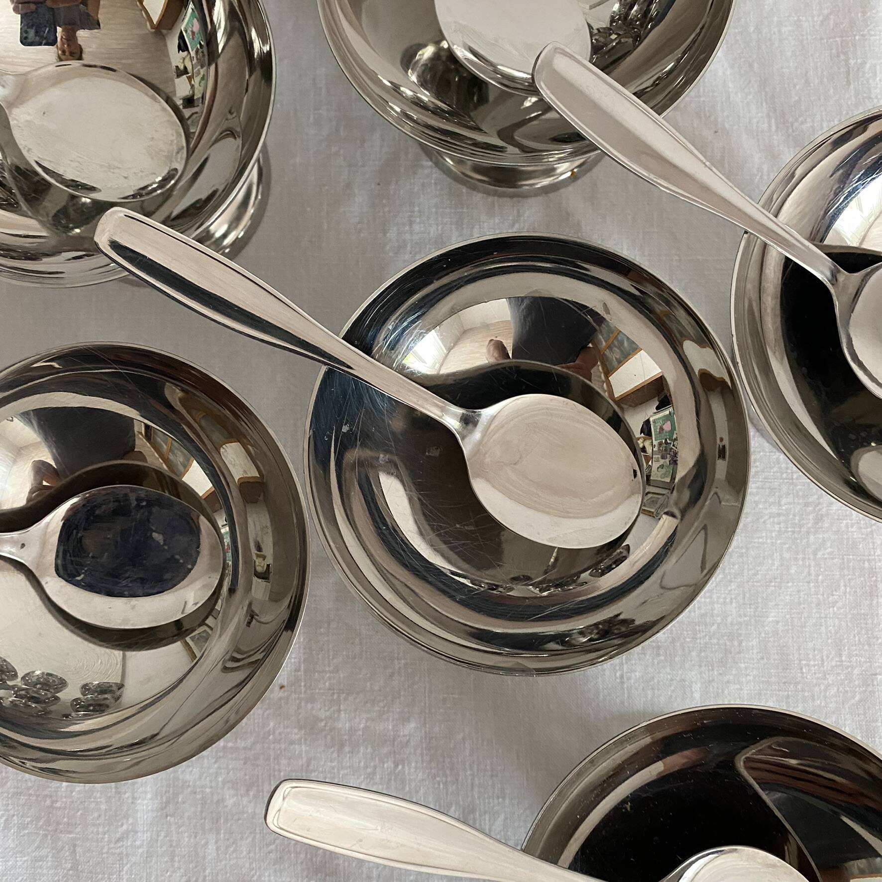 Stainless steel ice cream cups and spoons, 1960s-70s, original boxes.
