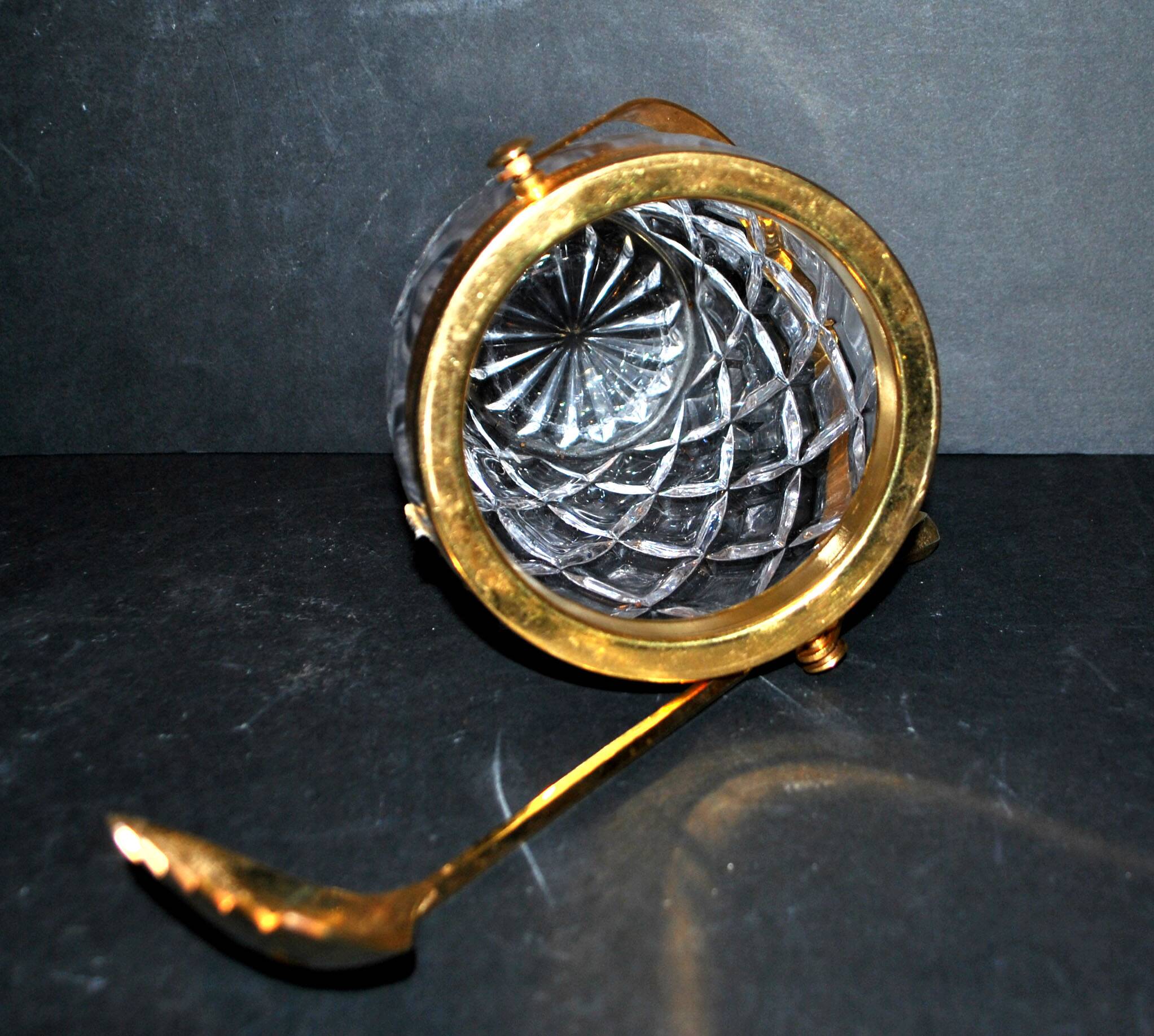 Vintage crystal ice bucket and gold frame "cristal ga" and cocktail ice cube spoon