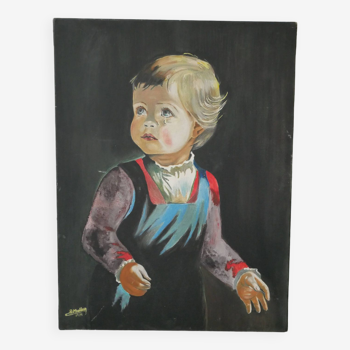 Painting acrylic painting portrait on canvas vintage child year 75 signed