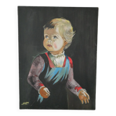 Tableau peinture acrylique portrait sur toile enfant vintage année 75 signé