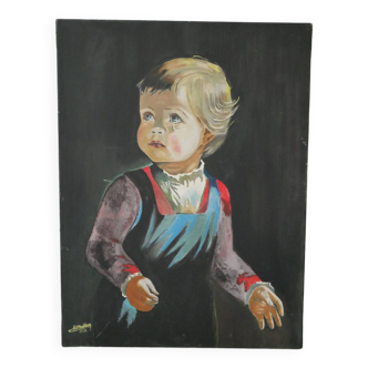 Tableau peinture acrylique portrait sur toile enfant vintage année 75 signé