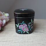 Ancienne boîte en céramique noire avec couvercle décor floral