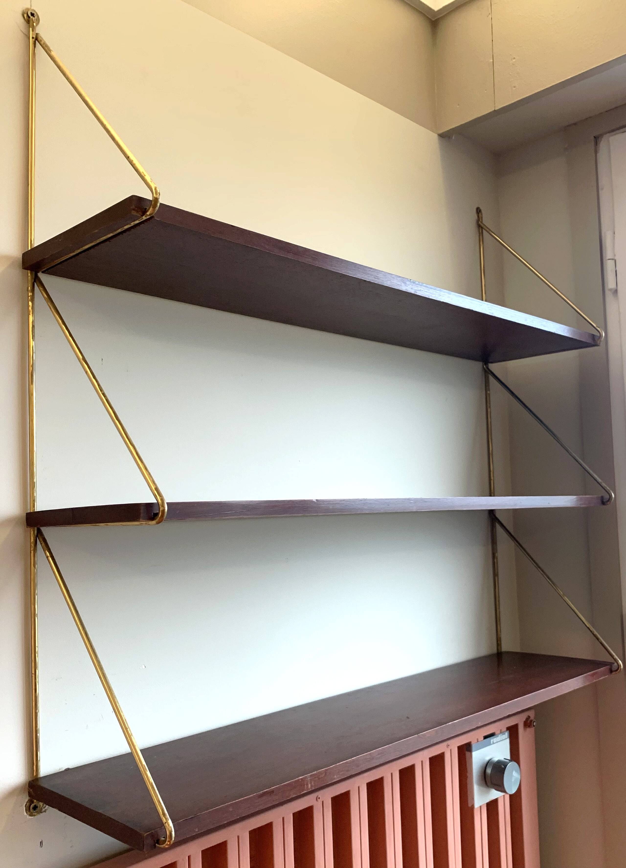 Scandinavian wall-mounted bookcase with floating rosewood shelves, period