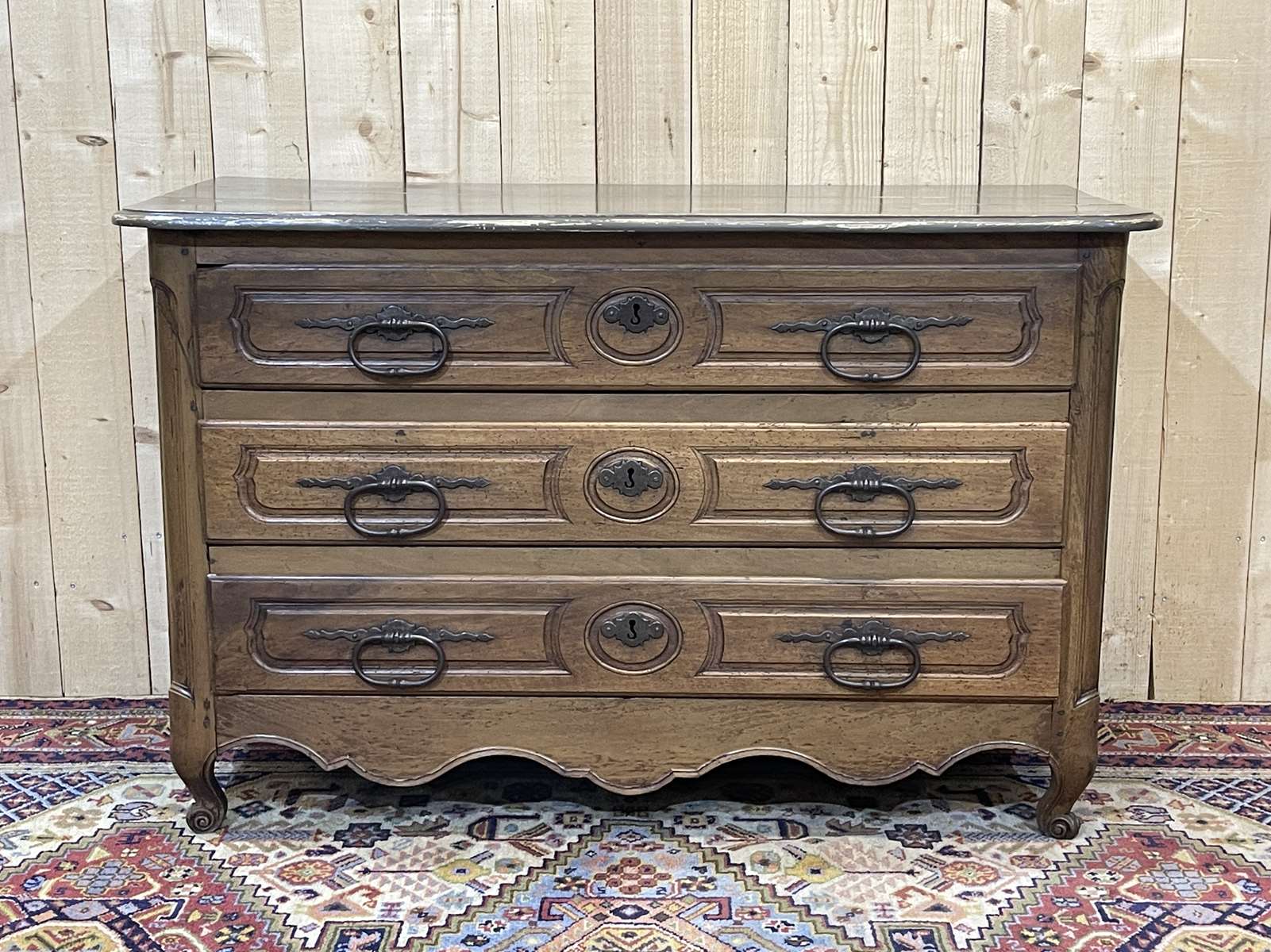 Louis XV eighteenth-century period chest of drawers in walnut painted in patinated gray