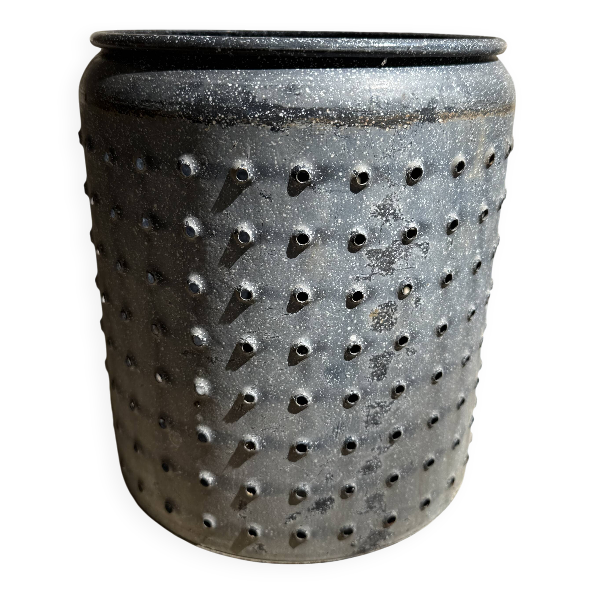 Vintage perforated enamelled sheet metal planter, 50s design