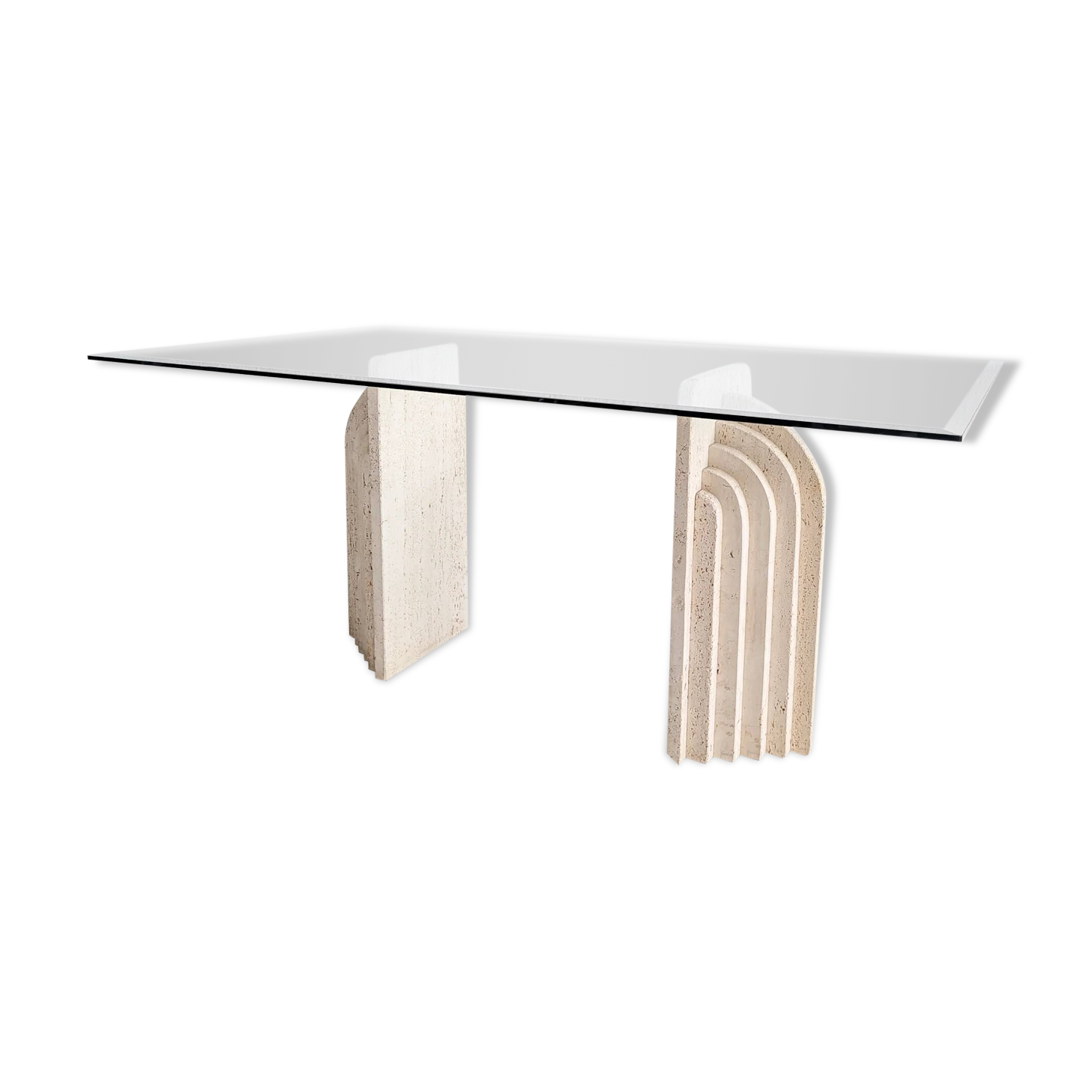 Dining table in travertine and glass with sculpted legs, 1970s.