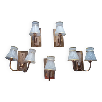 5 wall lights / art deco mirrored / copper / frosted glass Degue style