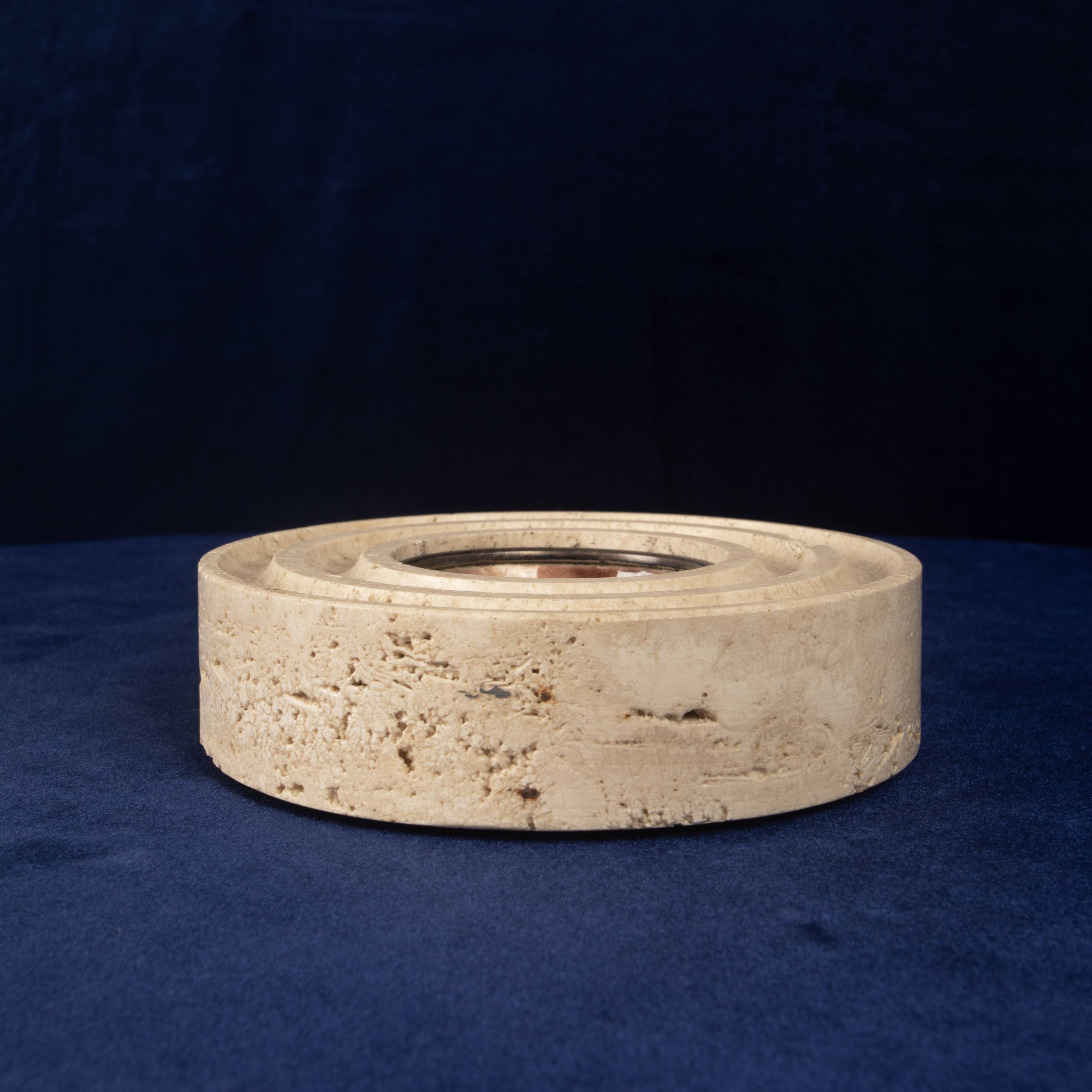 Italian Round Travertine and Copper-Toned Metal Ashtray, 1970