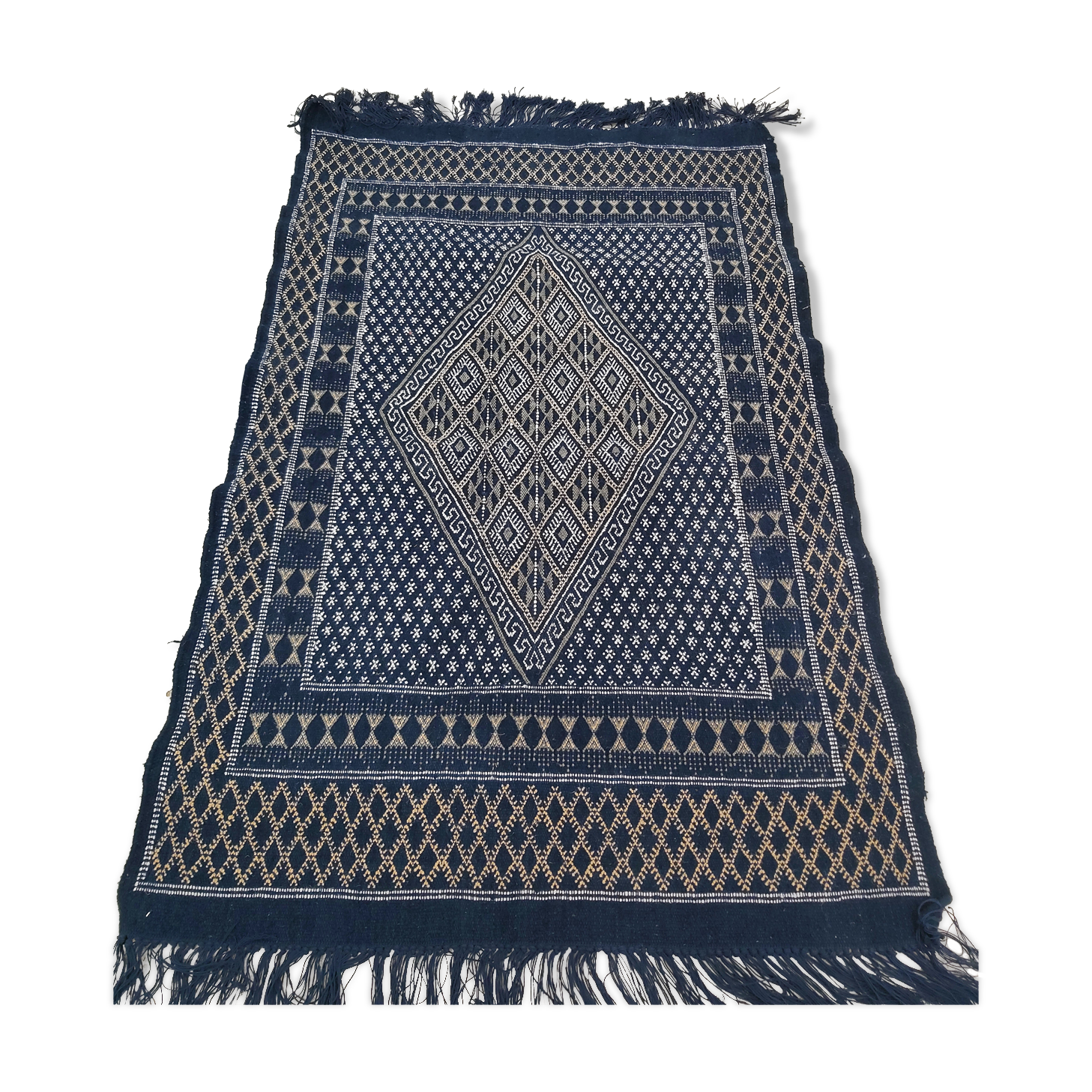 Hand-woven blue carpet in pure wool