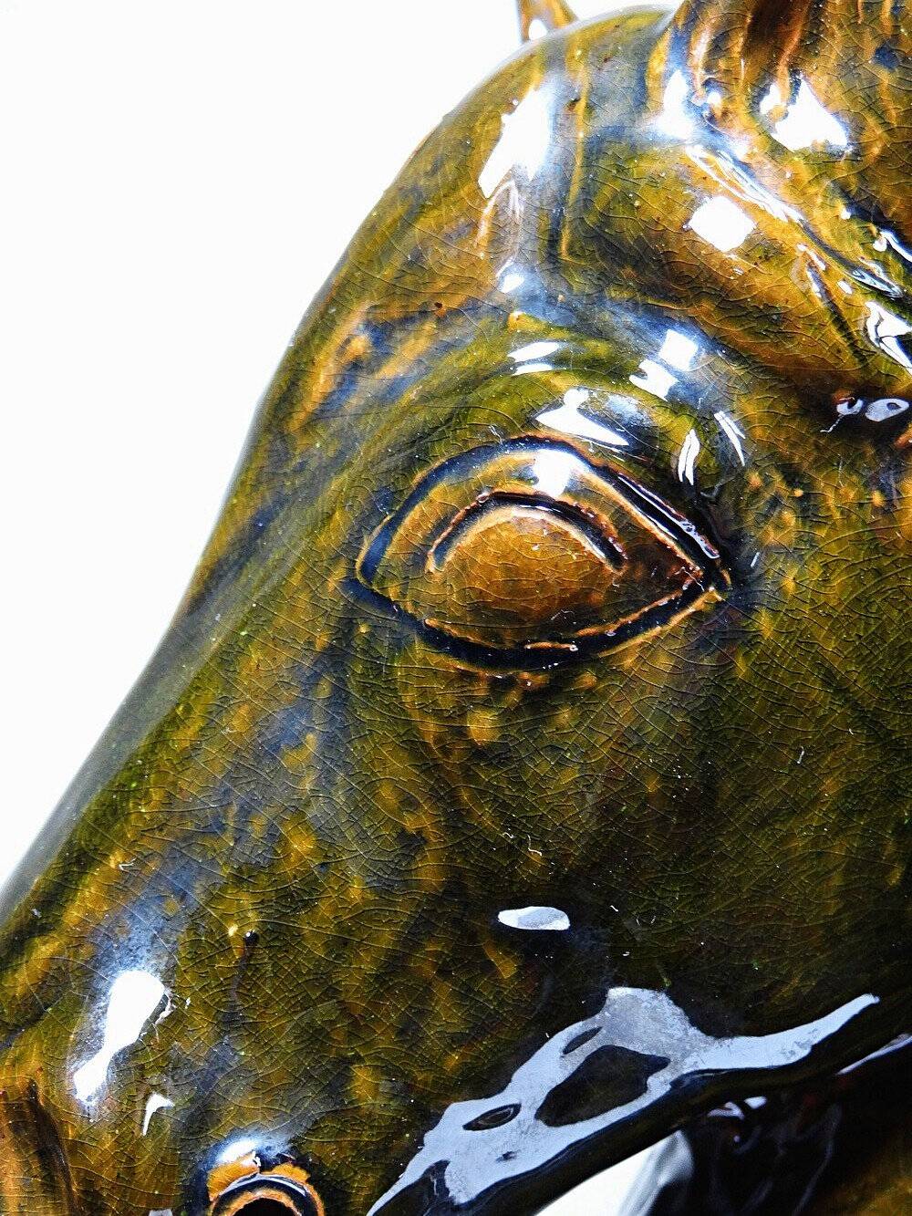 Vintage 1980s glazed terracotta chess knight or horse head.