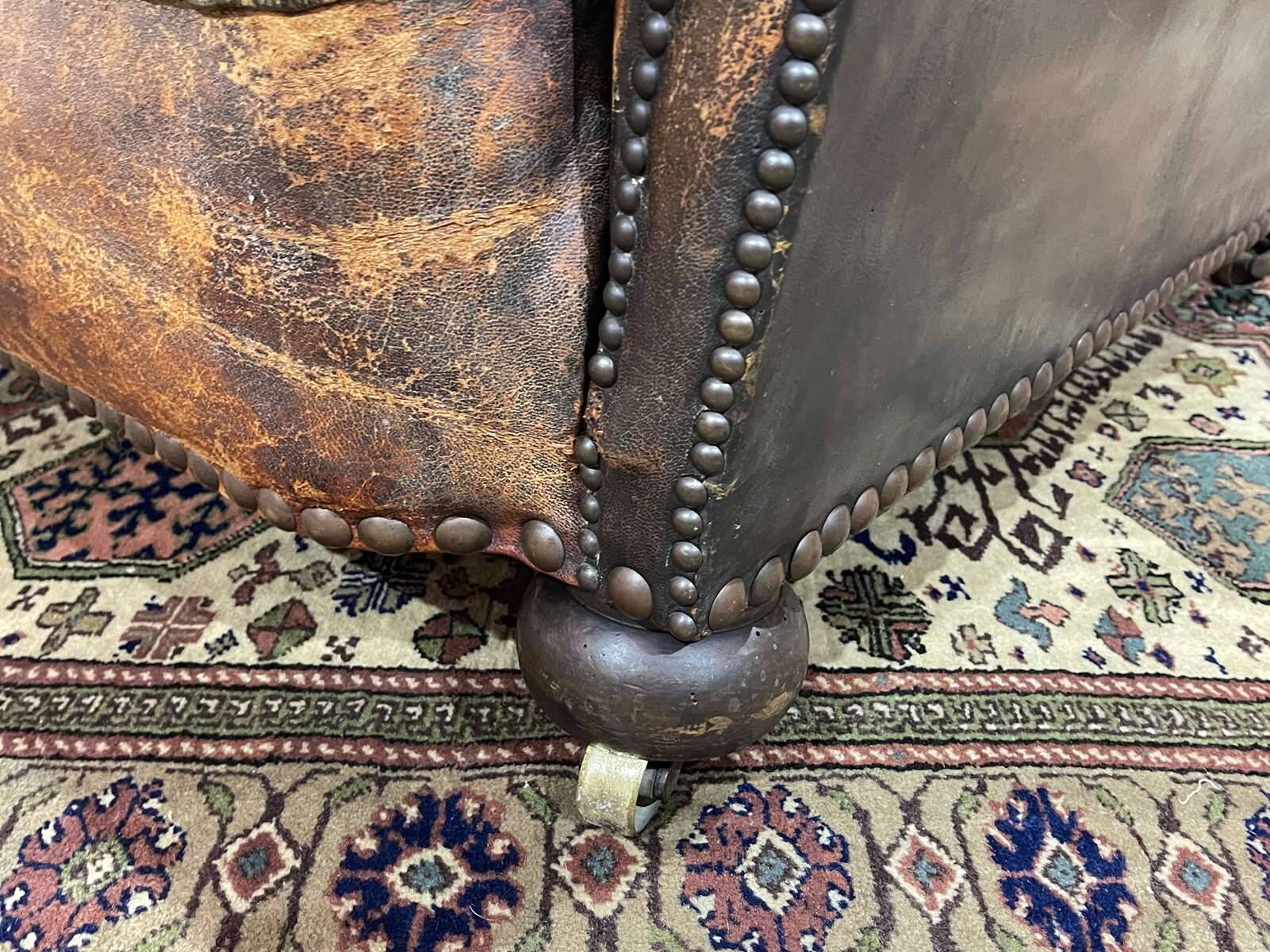 Early 20th century leather club sofa - seat and back in modern fabric