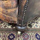Early 20th century leather club sofa - seat and back in modern fabric