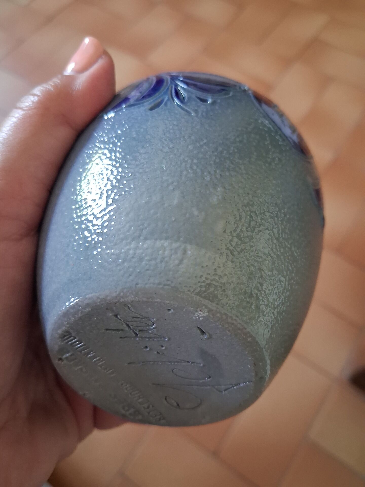 Cobalt blue Alsace stoneware soliflore vase signed Schmitter vi