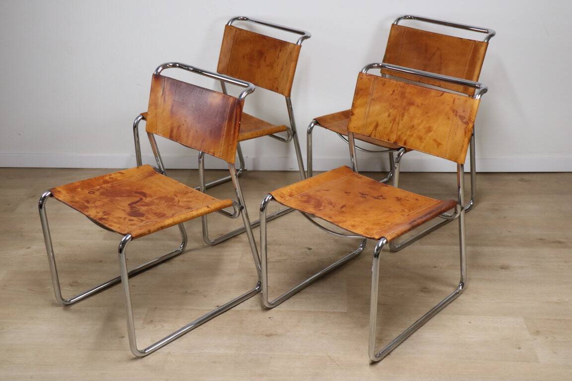 Set of 4 vintage leather and chrome metal chairs, 1970