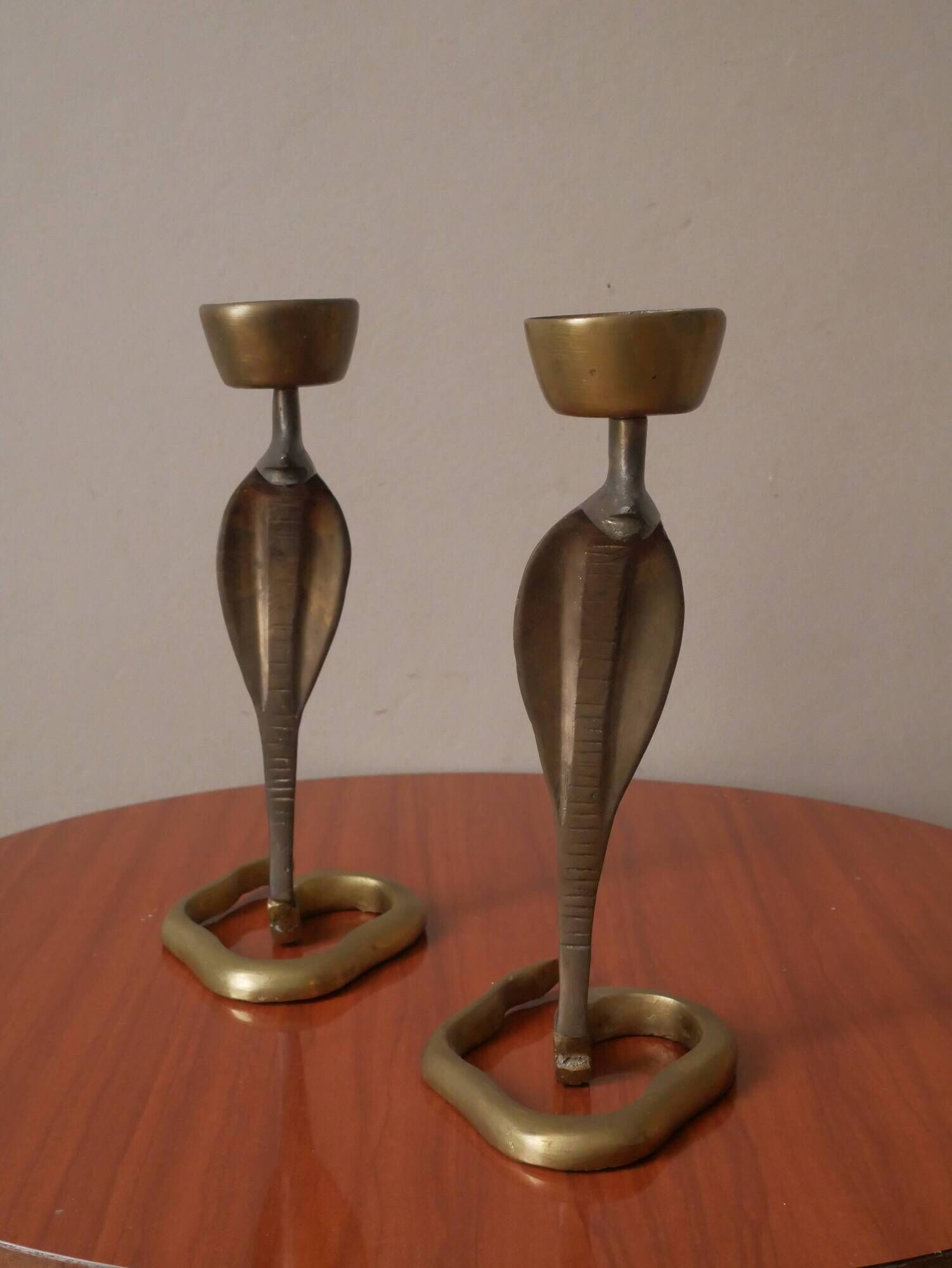 Pair of bronze cobra candlesticks, tribal ethnic decorative object, handcrafted