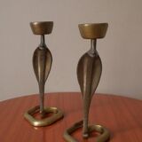 Pair of bronze cobra candlesticks, tribal ethnic decorative object, handcrafted