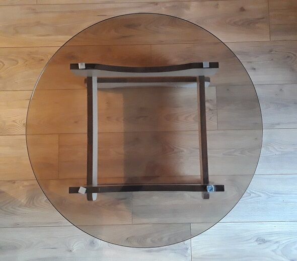Coffee table of smoked glass and wood of the 1970s