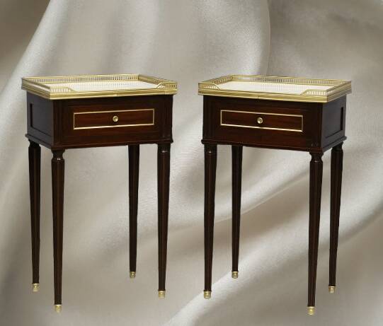 Pair of Louis XVI Style Nightstands with White Carrara Marble