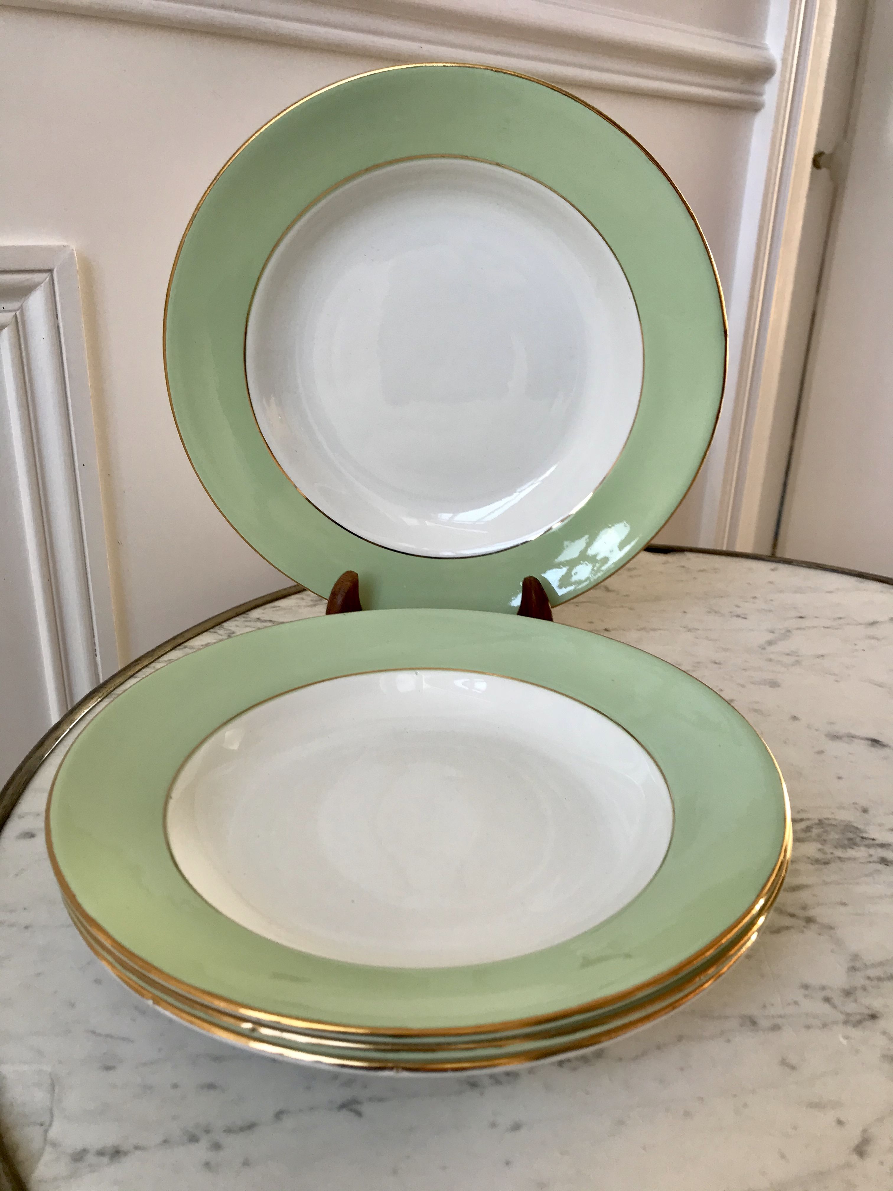 4 hollow plates Saint-Amand 60s pastel almond green