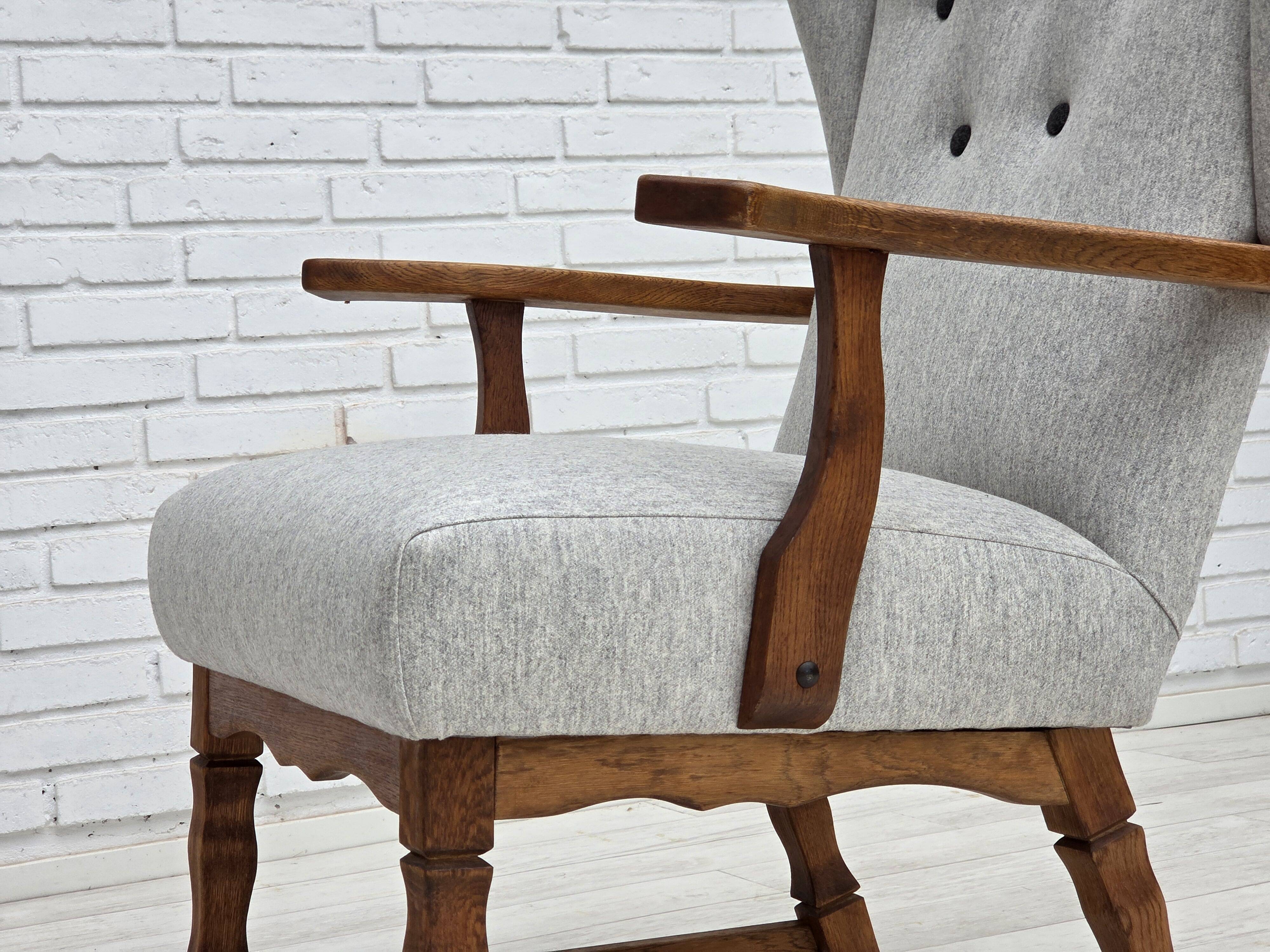 1950s, Danish high-backed armchair, reupholstered, wool, oak wood.