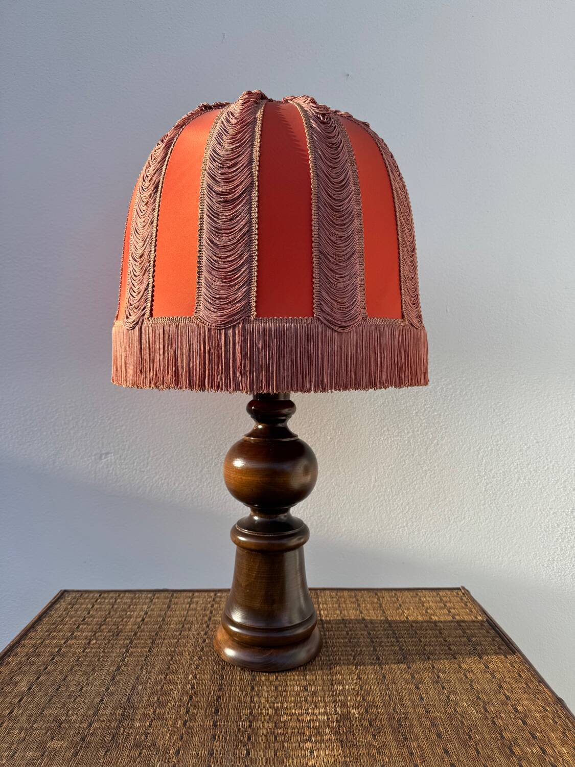 Large 1960s bell-shaped lamp with fringed shade
