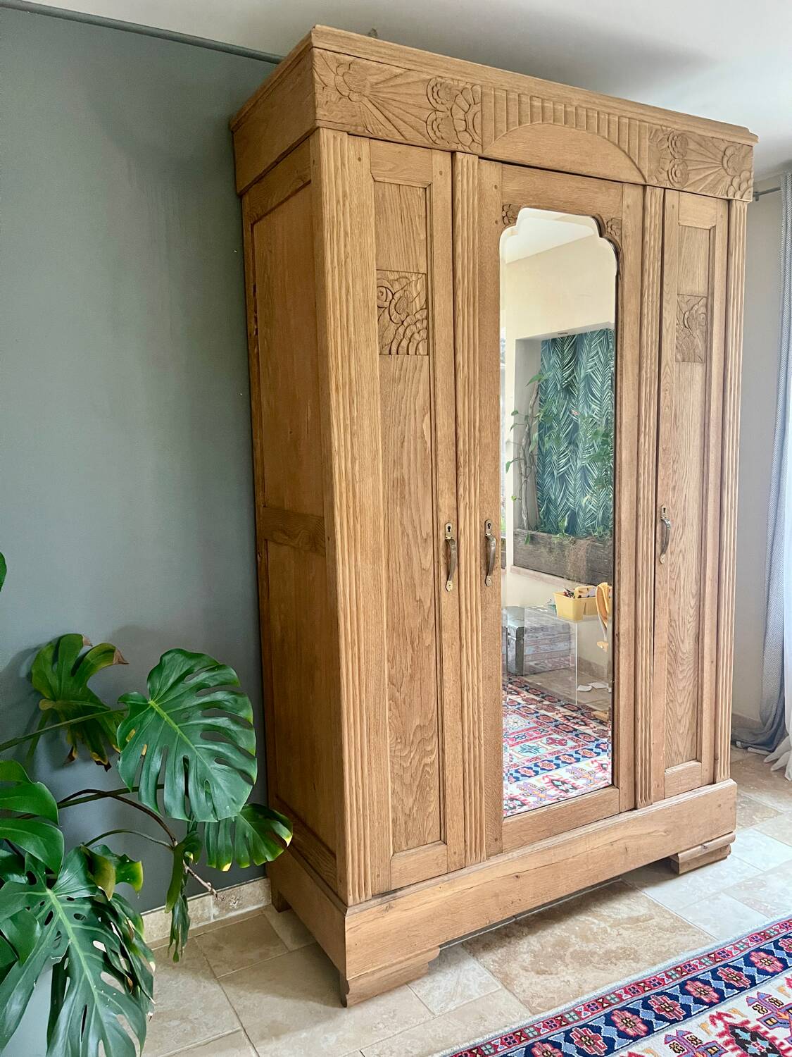 Solid raw oak wardrobe with Art Deco mirror