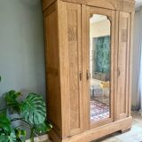 Solid raw oak wardrobe with Art Deco mirror