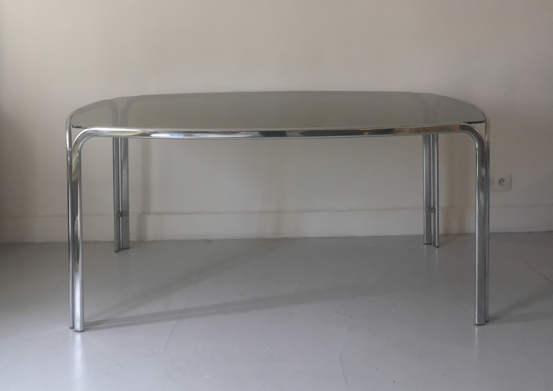 Dining table in chrome smoked glass, design 1970