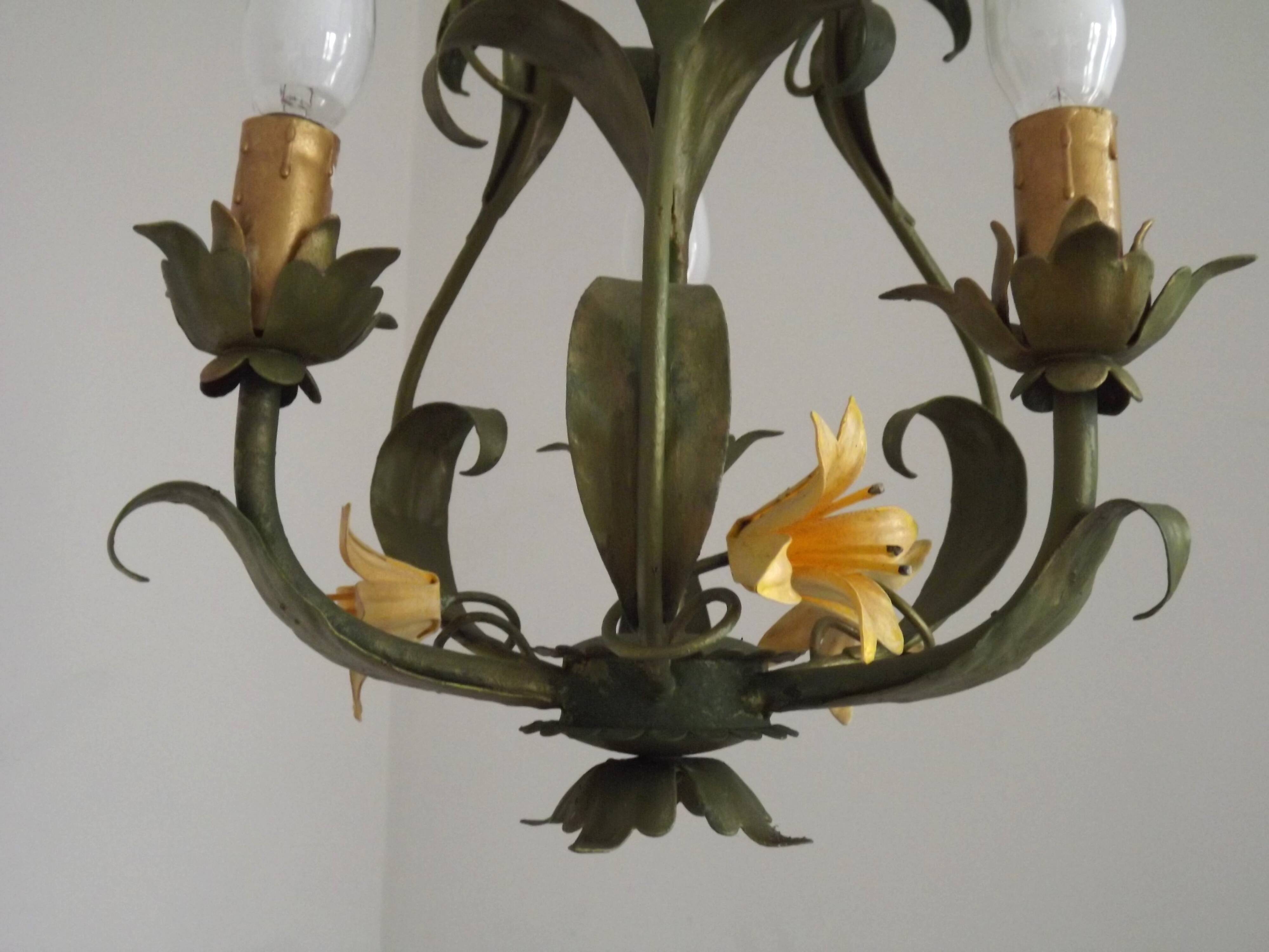 French Vintage 3 Light Cage Chandelier Hand Painted Floral Design