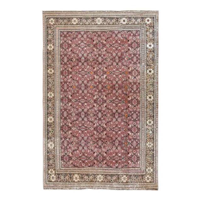 1970s Turkish Oushak Handmade Wool Cotton Pink Area Rug 112x175